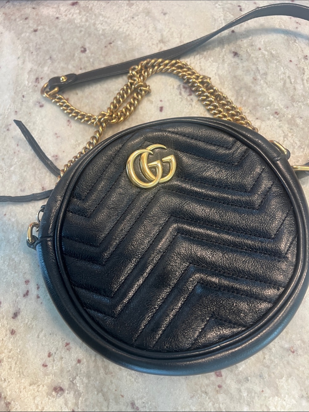 Gucci Black Leather GG Marmont Round Crossbody with Gold Chain